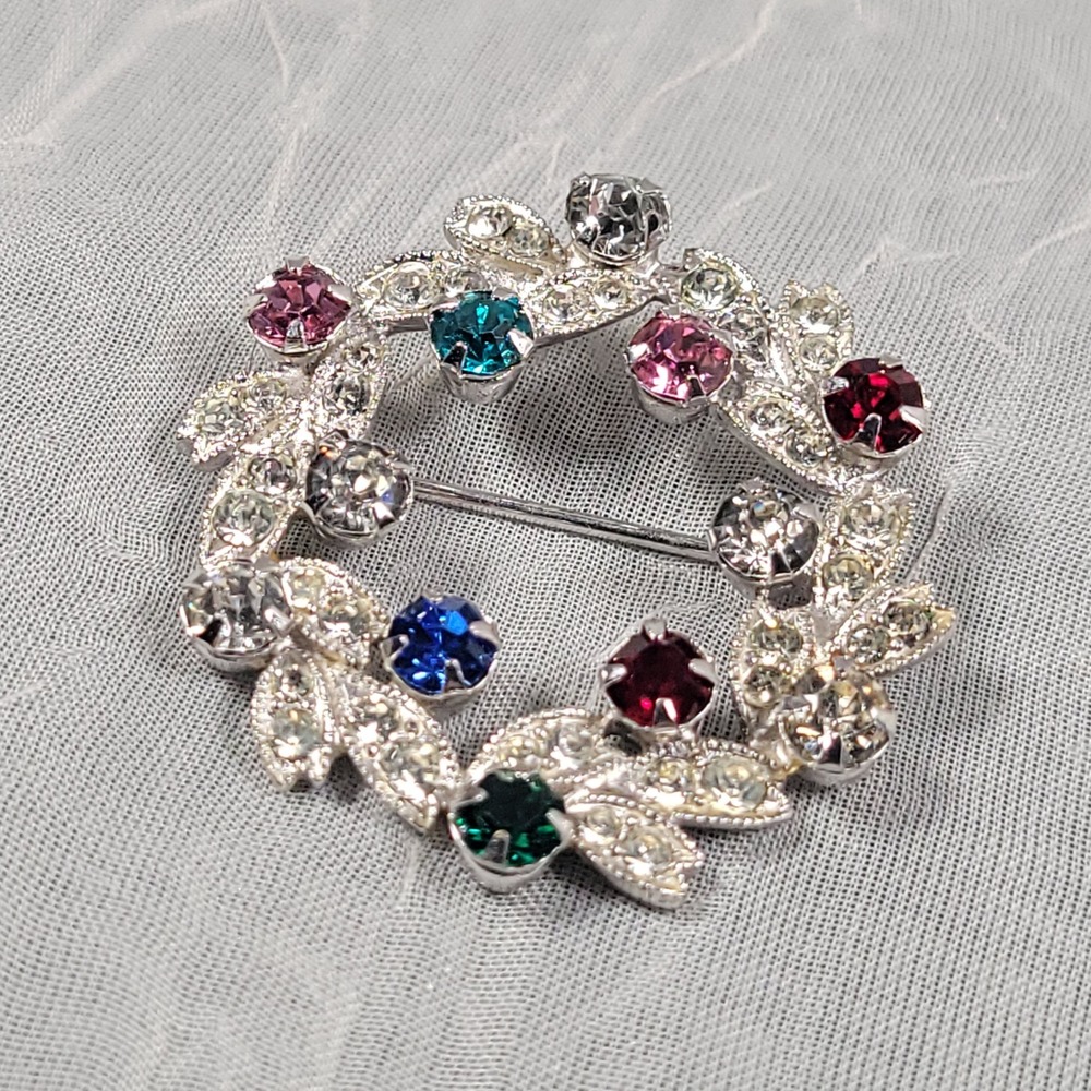 Eisenberg Brooch Silver Tone Multi-Color Rhinestone Wreath Floral Vintage